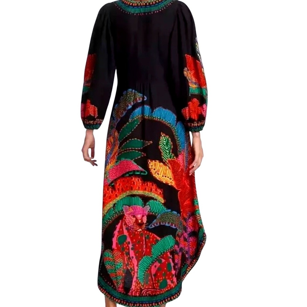 FARM Rio NWT SZ LGE Black Cool Leopards Maxi Dress Black High-Low Puff Sleeve - Picture 3 of 15
